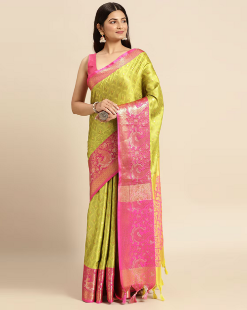 Floral Woven Saree with Tassels (Color-GREEN)
